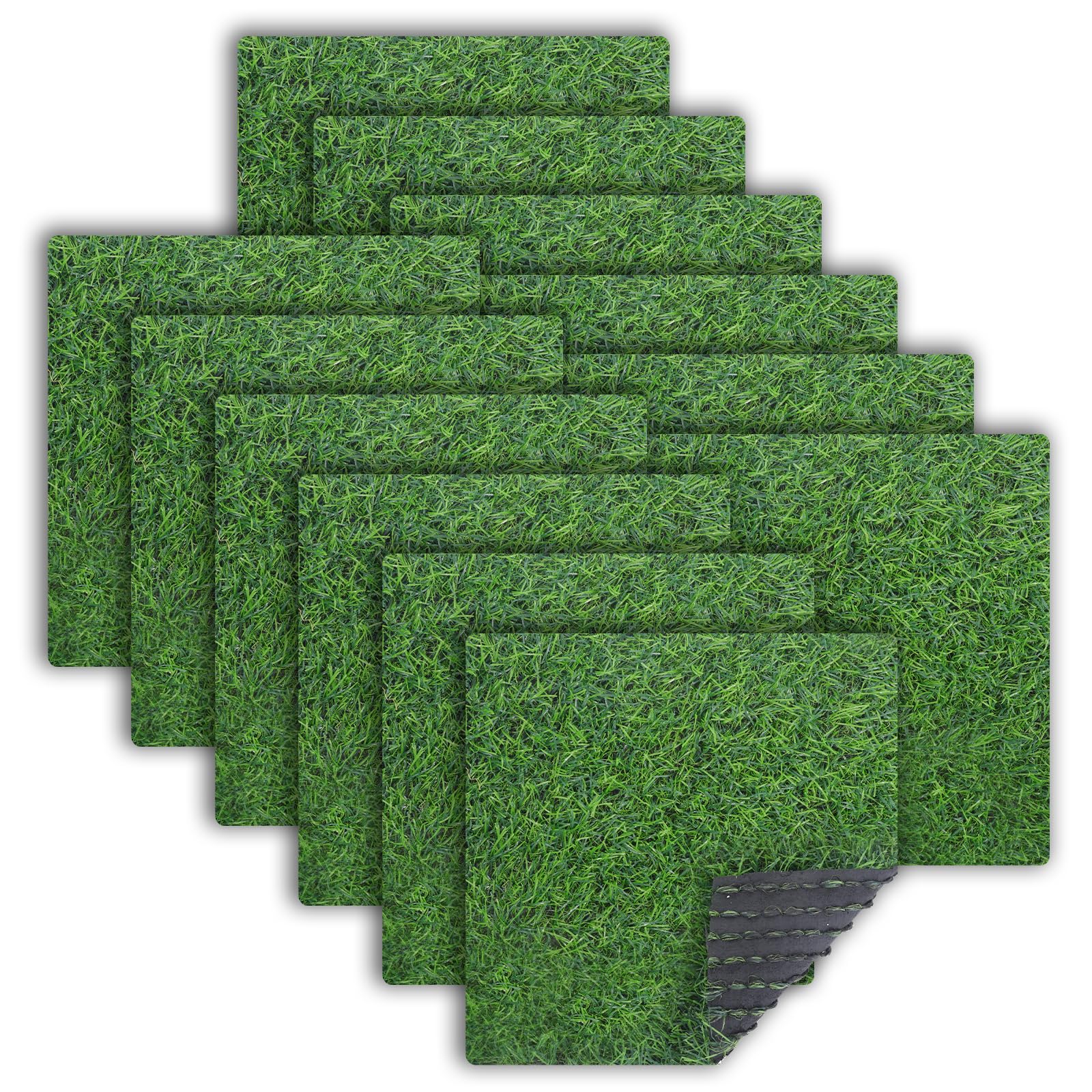 Photo 1 of SynHHergyx 12 Pcs Artificial Grass Tiles 12 x 12 Inch Turf Grass Squares Fake Turf Grass Patch Grass Carpet Mat Outdoor Indoor Realistic Grass Rug for Miniature Garden DIY Crafts Patio Balcony Decor