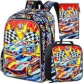 TXHVO 3Pcs Cars Backpack, 16" Boys Bookbag with Lunch Box, Kids School Backpacks Set for Elementary Preschool Kindergarten