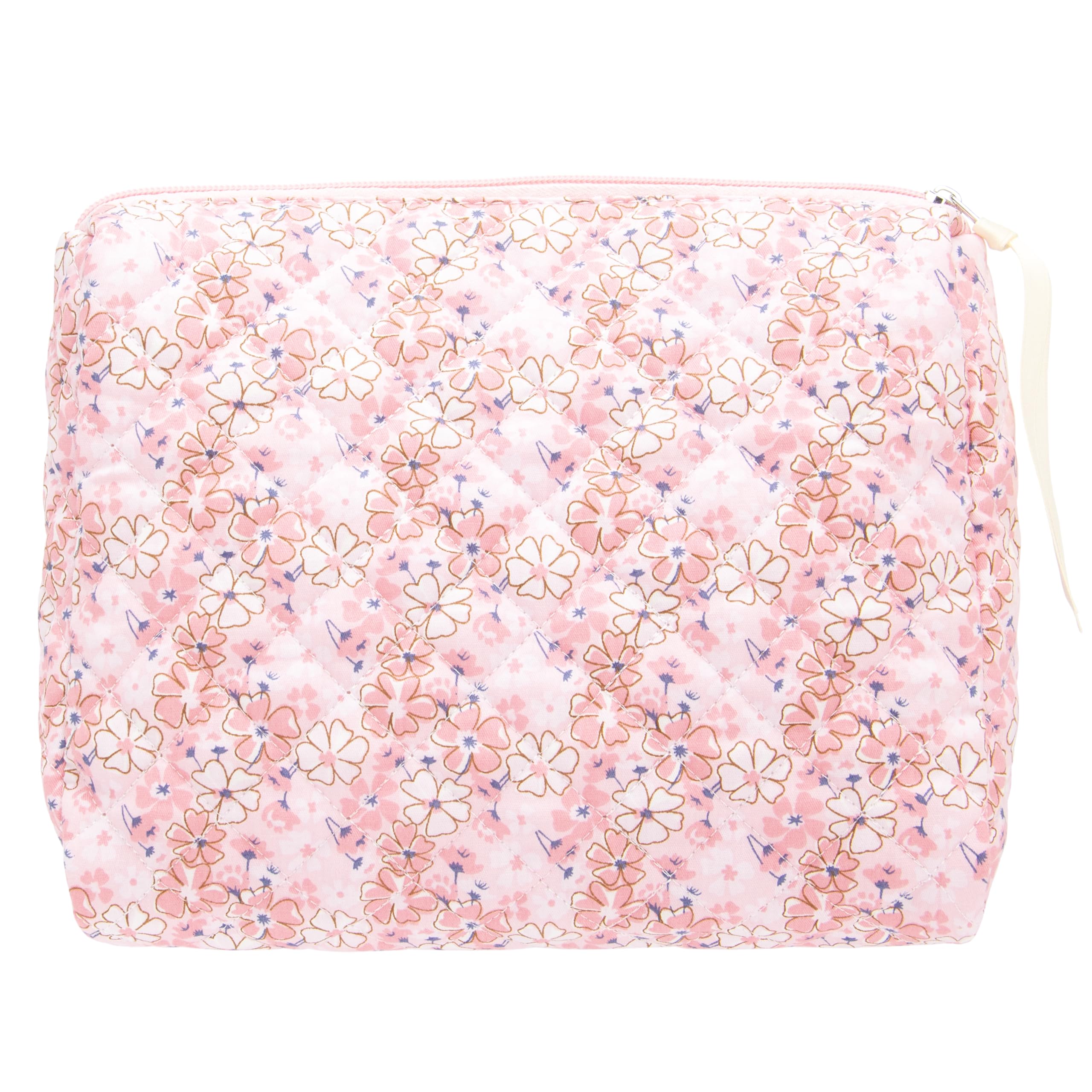 Photo 1 of PAZIMIIK Quilted Makeup Bag Large Travel Zipper Soft Cosmetic Pouch for Women Girls Make Up,Pink Flower
