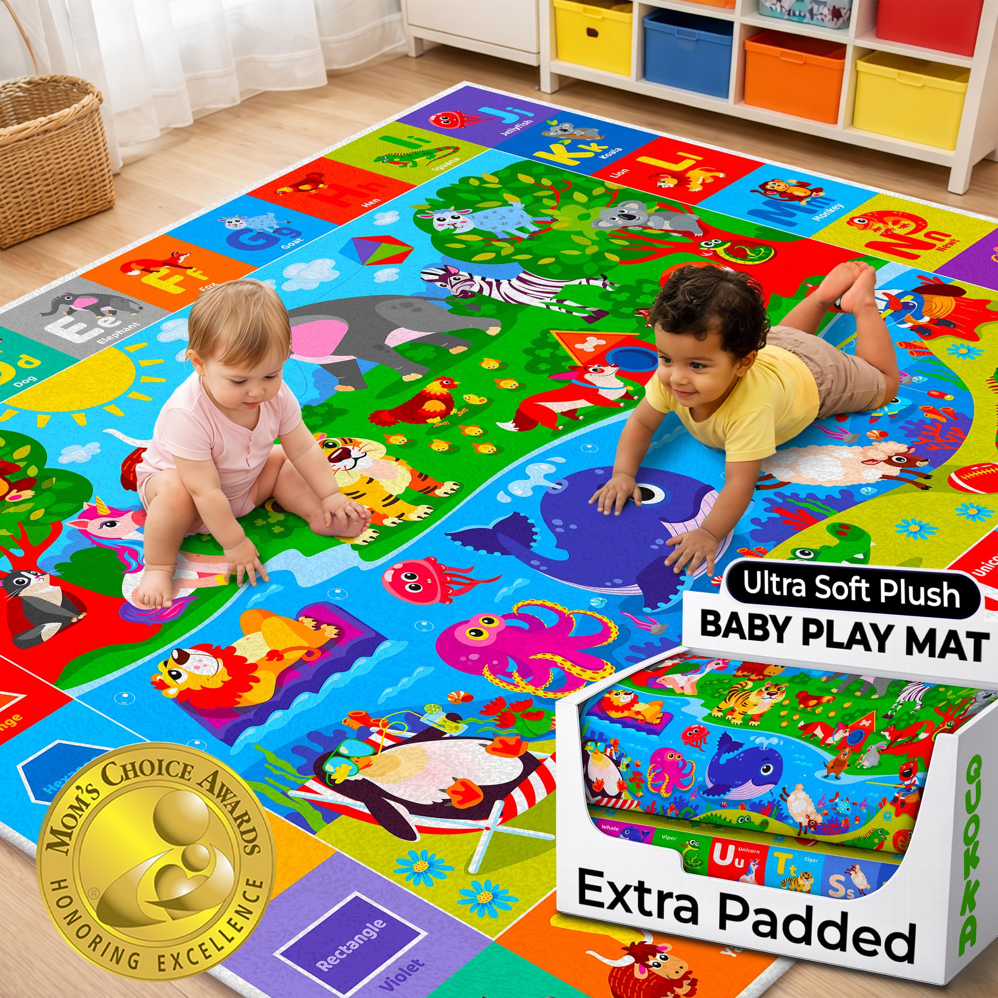 QUOKKA Baby Play Mat For Floor - 150x200 cm ABC Rug For Kids - Extra Thick (0.8cm) - Non-Slip Padded Nursery Mat for Crawling & Fun - Toddlers & Infants Foldable Gift Rug