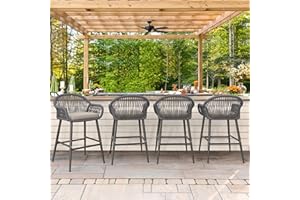 COZYMAN Outdoor Bar Stools Set of 4, 26.8" H Rattan Outdoor Counter Height Bar Stools, Woven Rope Backrest & Armrest Outdoor Patio Bar Chairs with Aluminum Legs for Kitchen, Slate Gray