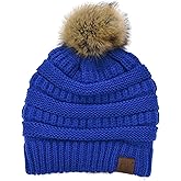 C.C Trendy Fuzzy Fleece Lined Warm Comfortable Soft Stretch Cable Knit Ribbed Faux Fur Pom Pom Beanie Hat