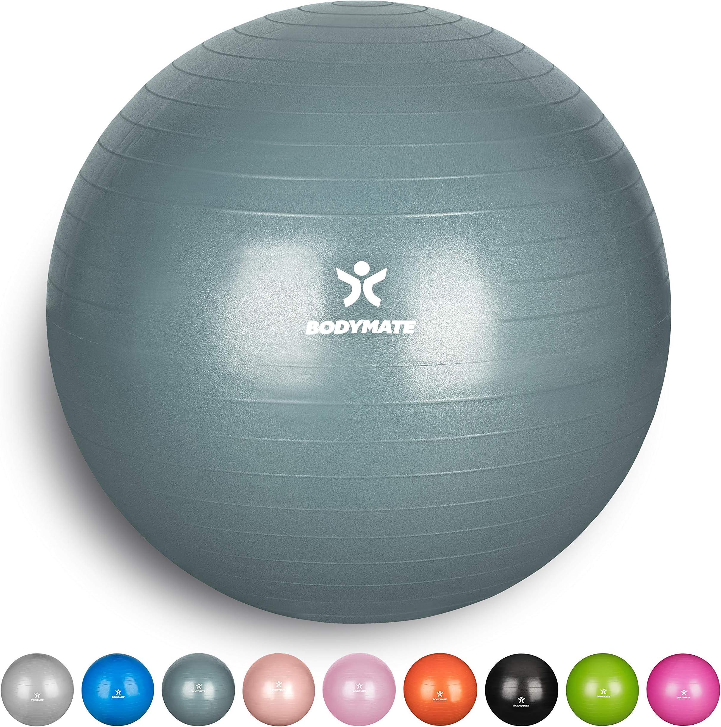 BODYMATE Anti-burst Exercise Ball - Includes Ebook and air pump - Gym-quality Swiss ball for fitness, pregnancy & birth and sizes