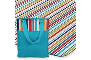 PICNIC TIME Vista Outdoor Picnic Blanket & Tote, (Fun Stripe Pattern with Aqua Blue Exterior)