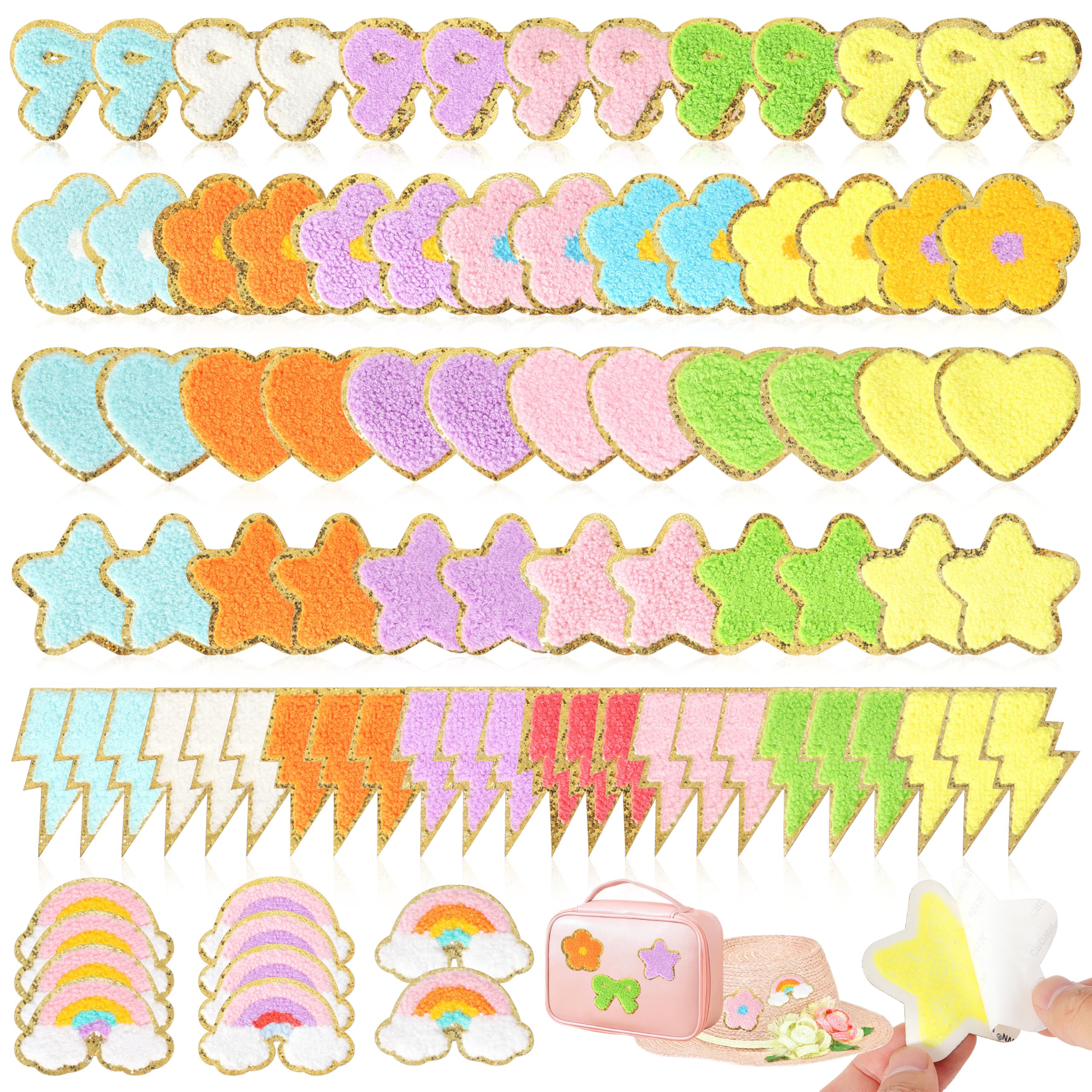 Photo 1 of Self-Adhesive Chenille Clothing Embroidered Patches: Preppy KINGSOW 84PCS Star Sew On Appliques Stickers - Cute Heart Rainbow Patch Stick On DIY Crafts Backpacks Bags Jackets Trucker Hats