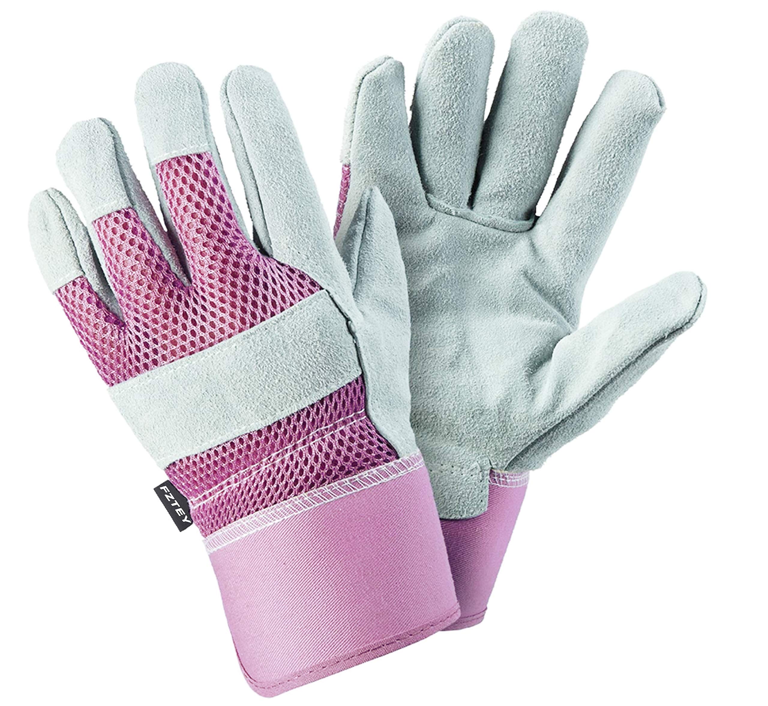 FZTEY Brambles Nettles Rose Gardening Gloves, Safety Work Protective Leather Gauntlets For Men and Women Lady Birthday Christmas Festival Gift, Rigger Washable Gripper (L, Pink, 1 Pairs)