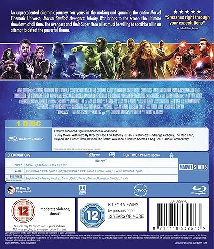 Avengers Infinity War Blu Ray Uk Import Amazon De Robert Downey Jr Chris Hemsworth Mark Ruffalo Chris Evans Scarlett Johansson Don Cheadle Benedict Cumberbatch Tom Holland Chadwick Boseman Zoe Saldana Dvd Blu Ray
