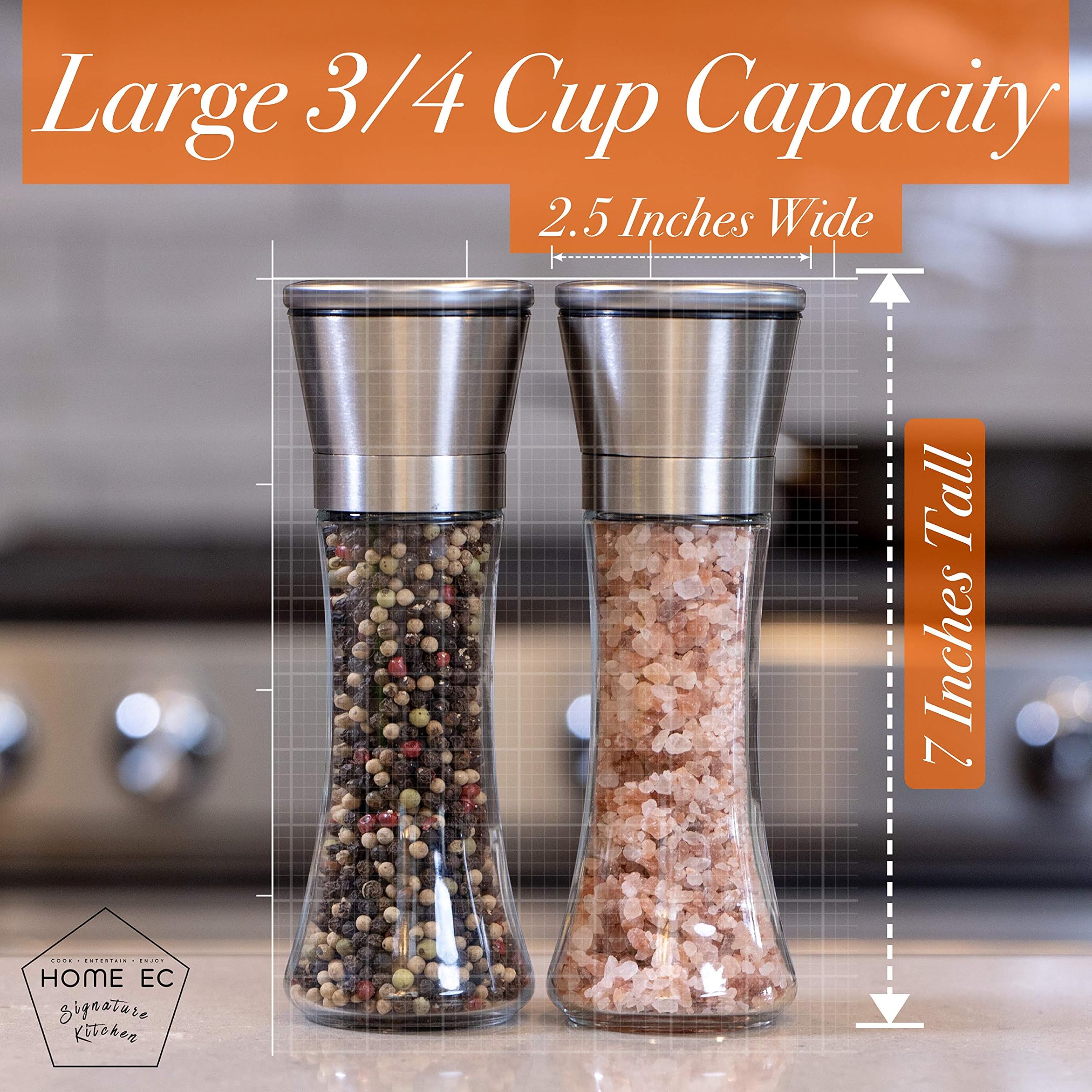 (Tall) - Premium Stainless Steel Salt and Pepper Grinder Set of 2 - Adjustable Ceramic Sea Salt Grinder & Pepper Grinder - Tall Glass Salt and Pepper Shakers - Pepper Mill & Salt Mill with Free Funnel & EBook