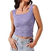 Ziesexy Womens Crop Floral Tank Top Square Neck Wide Straps Cropped Tank Tops Slim Fit Lettuce Trim Boho Summer Tops