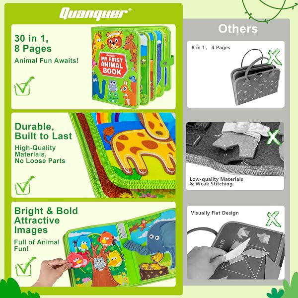 QUANQUER ANIMAL BUSY BOOK FOR TODDLERS 1-3 – MONTESSORI TOYS FOR 1 YEAR OLD BOYS AND GIRLS, EDUCATIONAL TRAVEL TOY FOR AIRPLANE CAR, CHRISTMAS BIRTHDAY GIFTS FOR TODDLERS