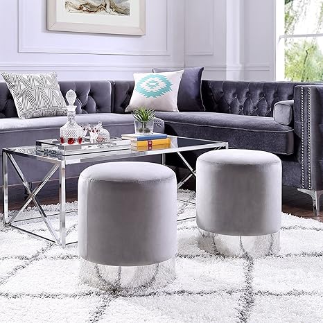 Amazon Com Inspired Home Elsa Grey Velvet Round Ottoman Chrome Metal Base Upholstered Modern Contemporary 1 Pc Only Kitchen Dining