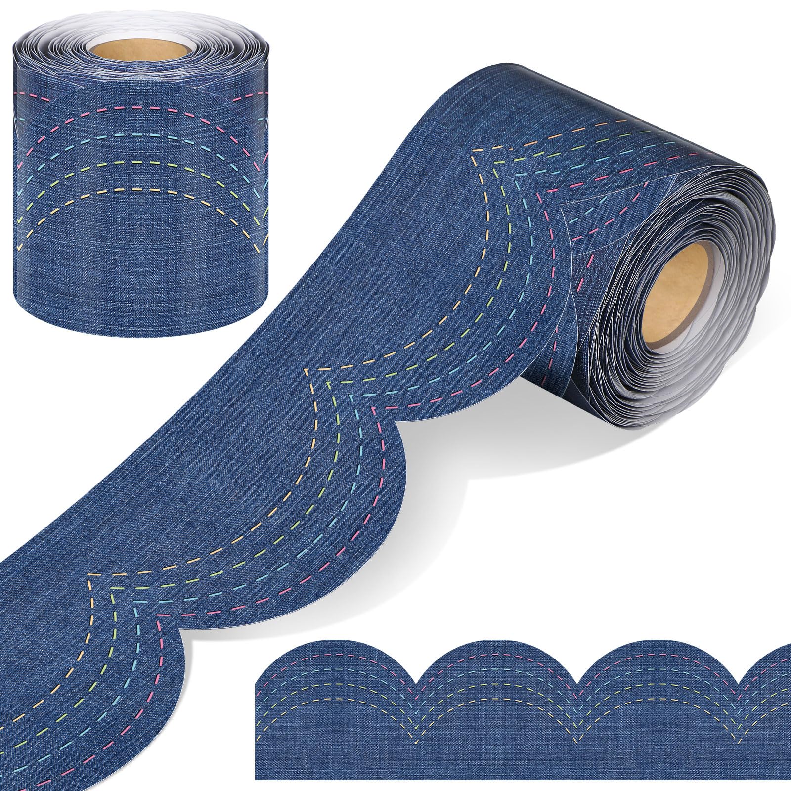 Photo 1 of Zonon 65.6 Feet Blue Jeans Scalloped Bulletin Board Borders Scalloped Rolled Border Trim Decorations for Back to School Classroom Farmhouse Home Office