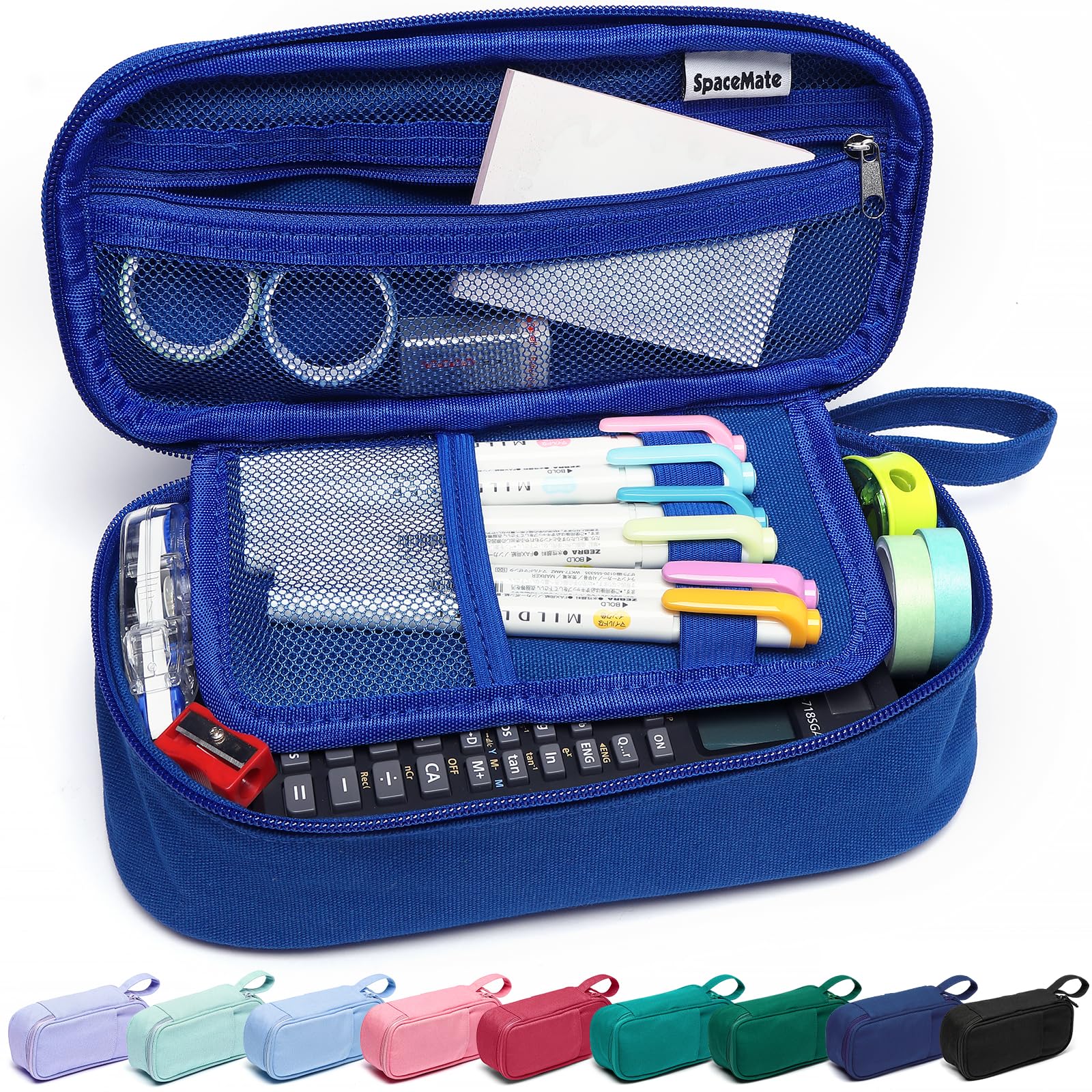 Photo 1 of SPACEMATE Pencil Case Pouch Box Bag School Supplies Girls Boys Kids, Cute Preppy Stuff Large Big Capacity Aesthetic Pen Organizer, Back to College Stationary, Sapphire Blue, Heavy Duty Canvas, 1800ml
