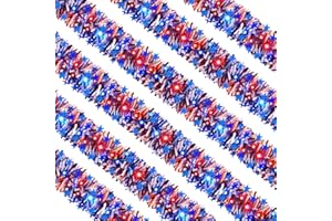 Kajaia 65.6 Feet 4th of July Tinsel Garland with LED Lights Patriotic Metallic Garland Memorial Day Independence Day Glitter Garland Red White Blue Decoration for Party Decor(Red, White, Blue)