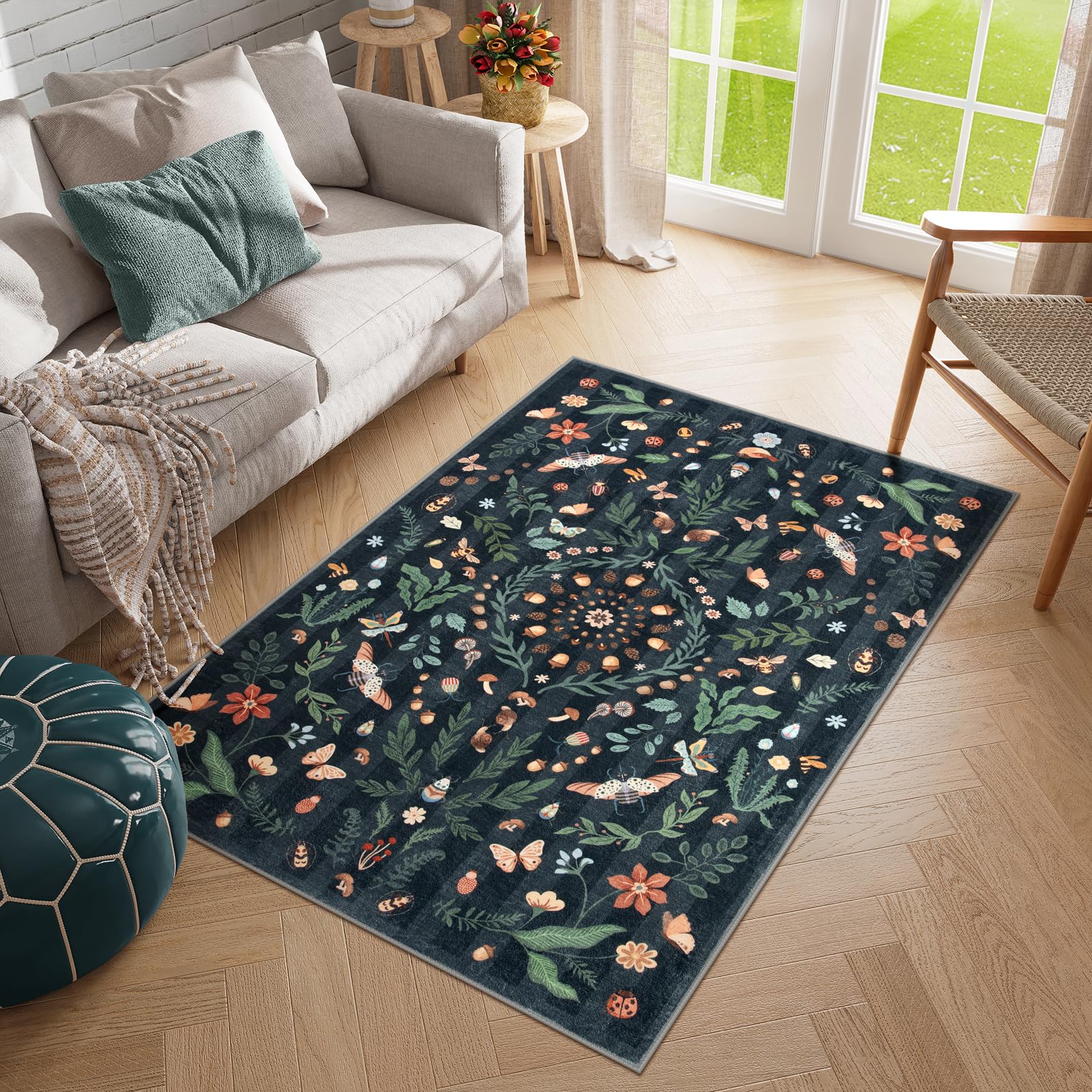 Photo 1 of Lahome Insect Botanical 3x5 Washable Rugs for Entryway Soft Rug for Bedroom, Black Kitchen Rugs Non Slip Washable, Boho Floral Indoor Throw Carpet for Bathroom Laundry Living Room(Black,3x5)