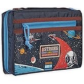 Christian Art Gifts Fashion Polyester Bible Cover for Boys & Girls: Be Strong Inspirational Scripture, Blue Multicolor Outer Space Travel Theme, Sturdy Pockets, Zippered, Pen Loops, Easy Carry, Small