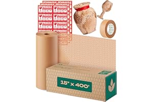 eco4plan Honeycomb Packing Paper | Extra Thick 90 GSM Packing Wrap | Biodegradable Packing Materials: 15” x 400’ Moving Paper + 195’ Cellulose Adhesive Tape + 30 Fragile Stickers | Gift Wrapping Paper