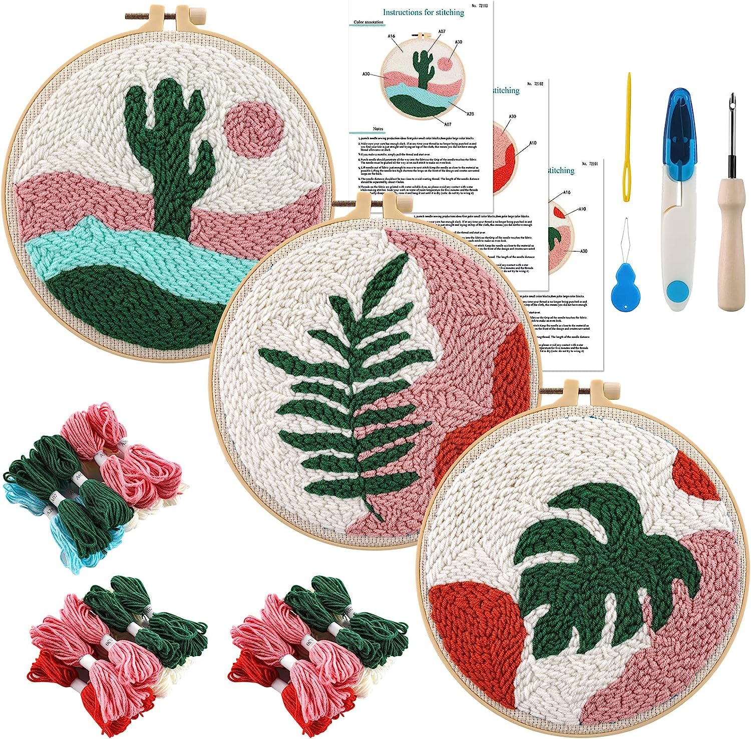 HAOCOO Punch Needle Kits - 3 Sets for Adults Beginners, Includes Fabric, Hoops, Yarns and Sewing Needles (Plants)