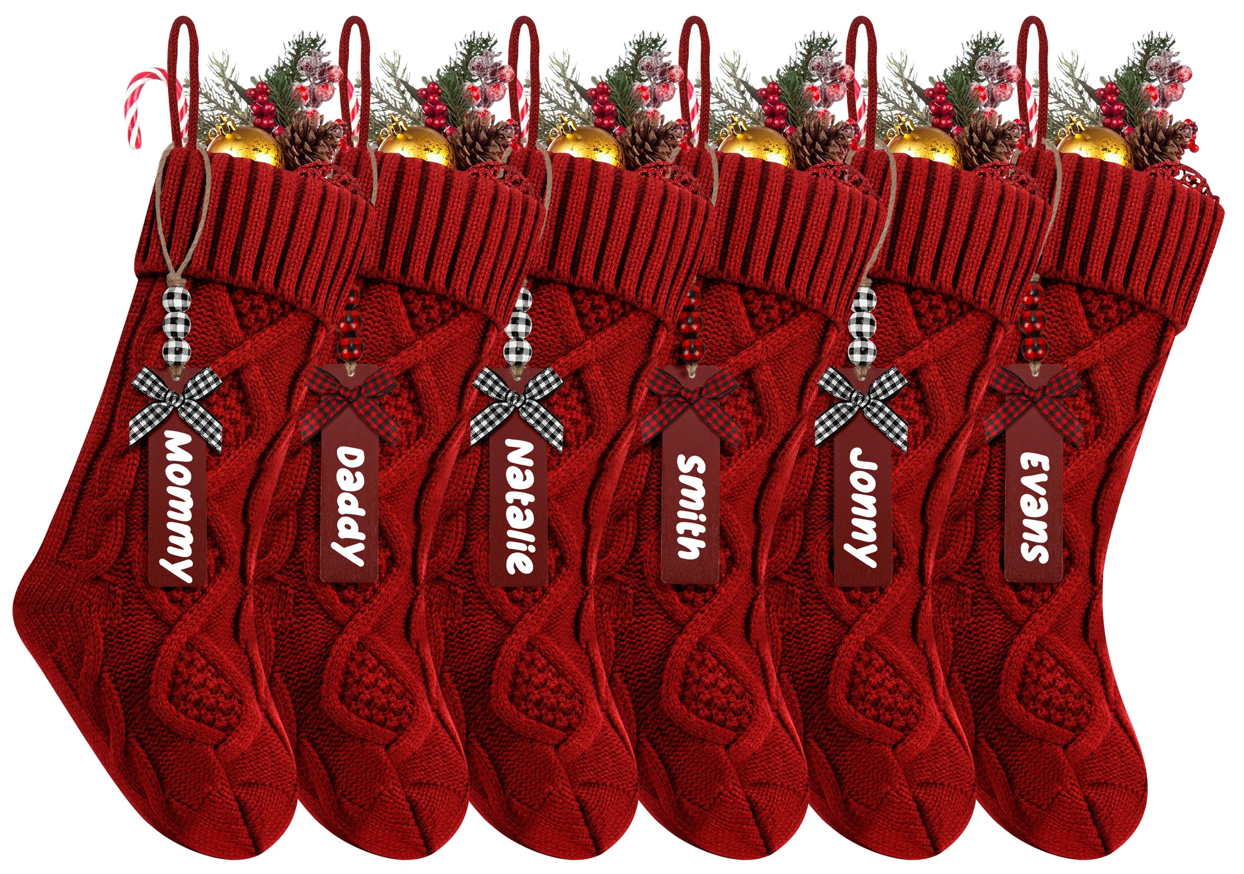 Photo 1 of 6Pack Personalized Christmas Stockings with Wooden Name Tags, 18 inches Xmas Cable Knitted Stocking for Holiday, Hanging Decoration Gifts for Family Party(Red)