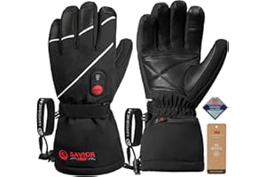 SAVIOR HEAT Heated Gloves for Men Women, Rechargeable Electric Heated Leather Skiing and Snowboarding Gloves