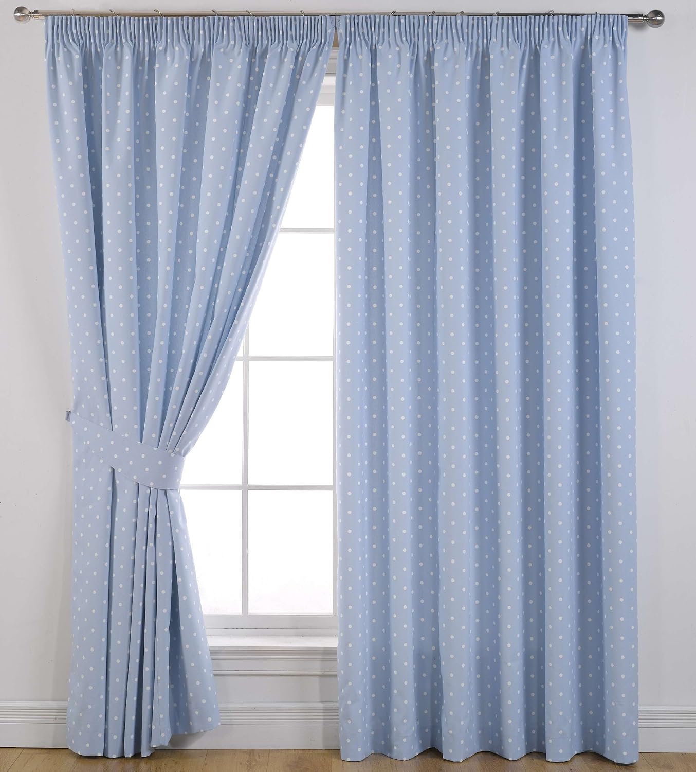 Sundour Curtains Dotty in Powder Blue; 46'x54'. 3Inch Pencil Pleat