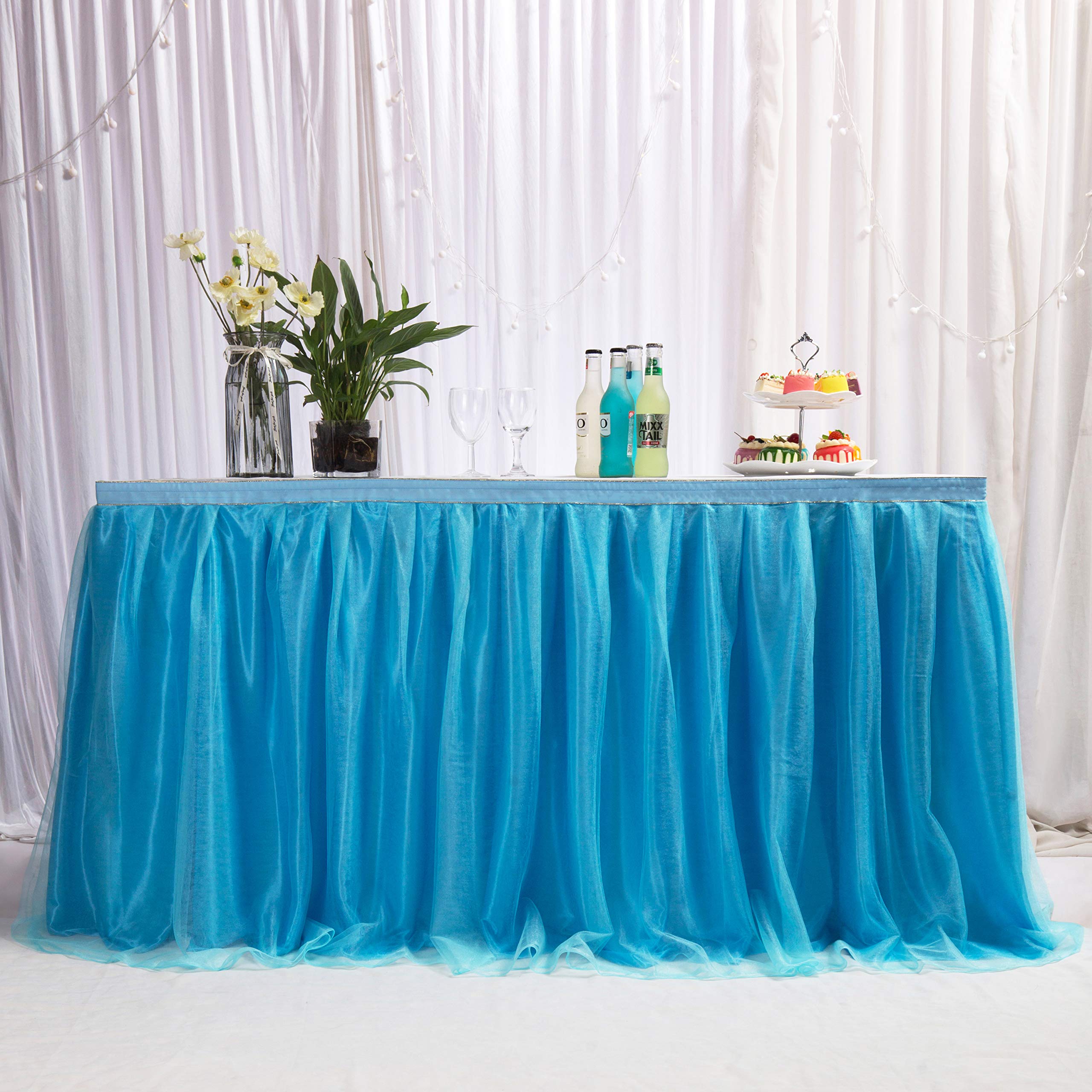 MYMM 9ft / 274cm Blue Table Skirt, Romantic Tulle desk gauze, Table Decoration, Snowflake Wonderland Tutu Table Cloth, for Baby Shower, Wedding, Birthday, Party, Bar, Prom, Valentine's Day Christmas