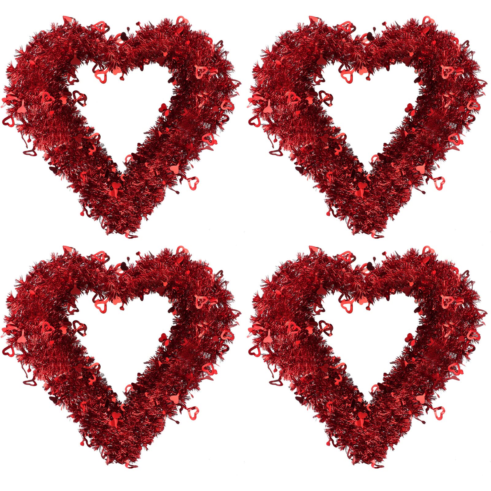 16 Inch Valentine Wreaths for Front Door Decor Red Tinsel Heart Shaped Wreaths with Foil Heart Love Garland Wall Hanging Sign for Valentine Wedding Party Window Mantel Decoration(4 Pcs)
