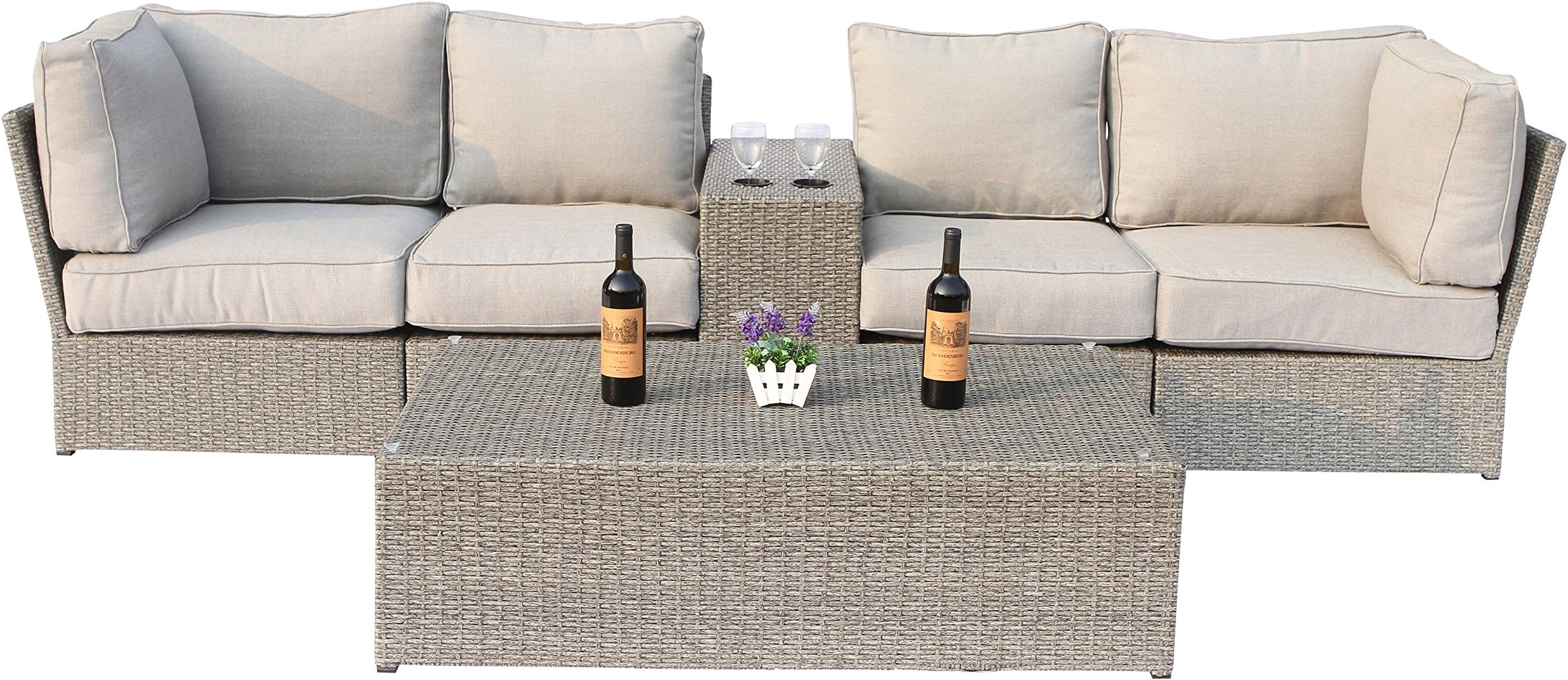 Living Source International Chelsea Collection Patio Sofa Set All Weather Outdoor Seating Aluminium Frame Furniture for Garden,Backyard,Pool with Cushioned SeatGrey Wicker (6-Piece Loveseat Set)