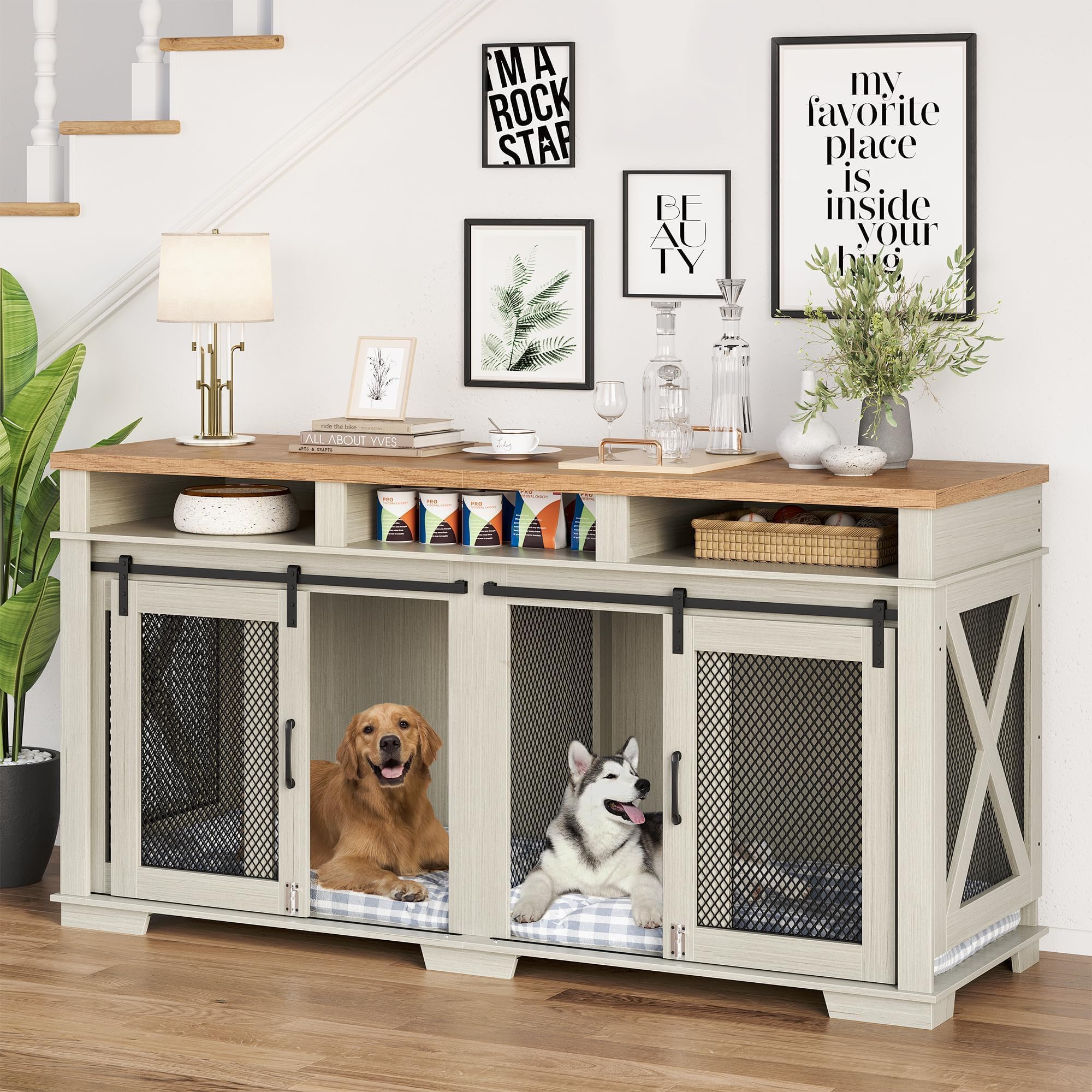 Photo 1 of ***Parts only****
71" Dog Crate Furniture for 2 Dogs Large Double Kennel with Removable Divider, 3 Storage Drawers & Sliding Barn Door, Furniture Style Pet Crate As TV Stand for Living Room
