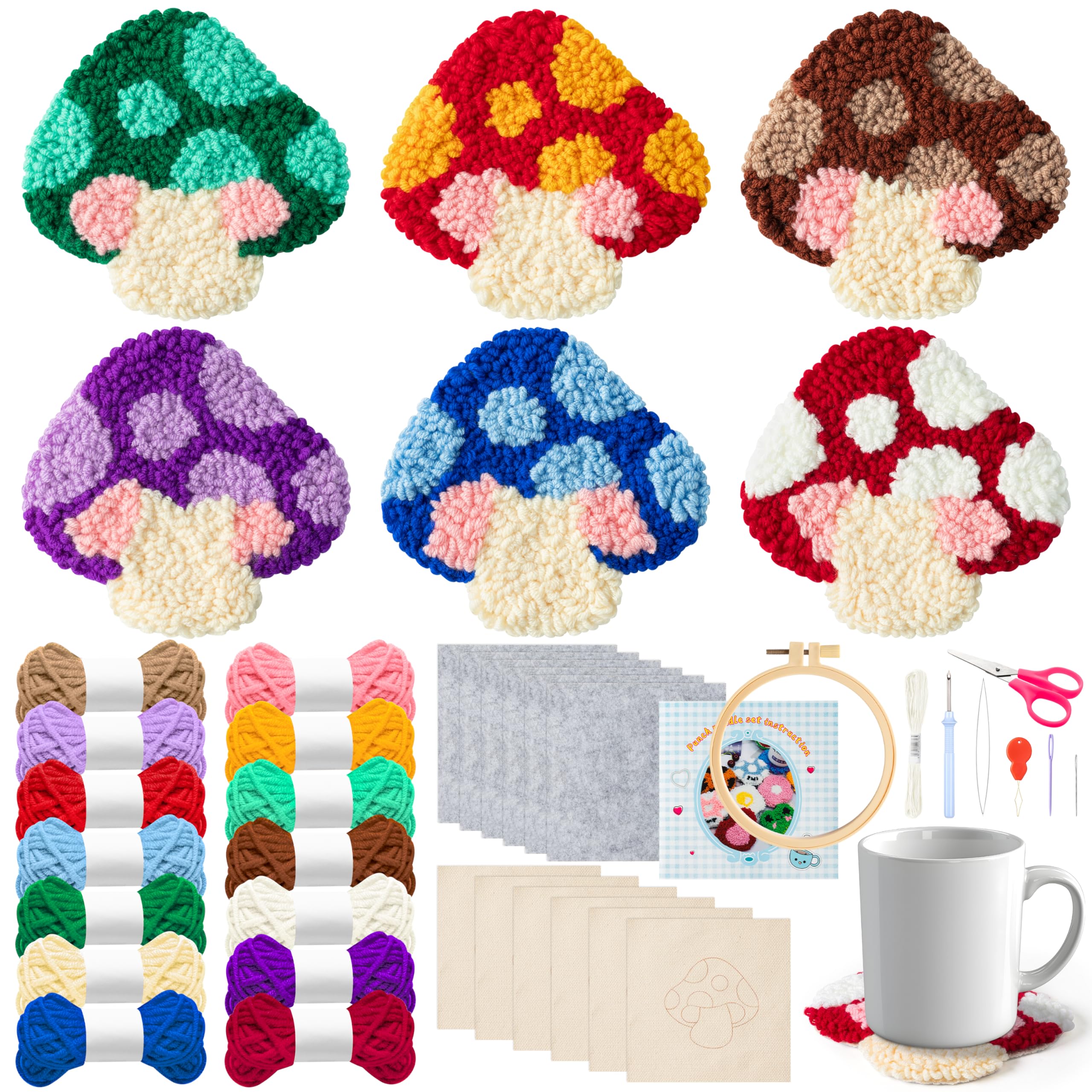 Photo 1 of WATINC Punch Needle Coaster Kit - 22PCS Easy Art Work Decor Coasters Kits for Beginners DIY Mushroom Pattern Tufted Rug Pads with Adhesive Felt Yarns Embroidery Hoop Instruction 6 Set