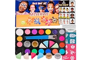 Miserwe Face Paint Kit-18 Colors,40 Stencils,1 Silver Sticker,2 Glitter Powder,4 Brushes, 4 Sponge Kit Professional Safe Non-Toxic Washable Body & Face Paint for Kids Adult