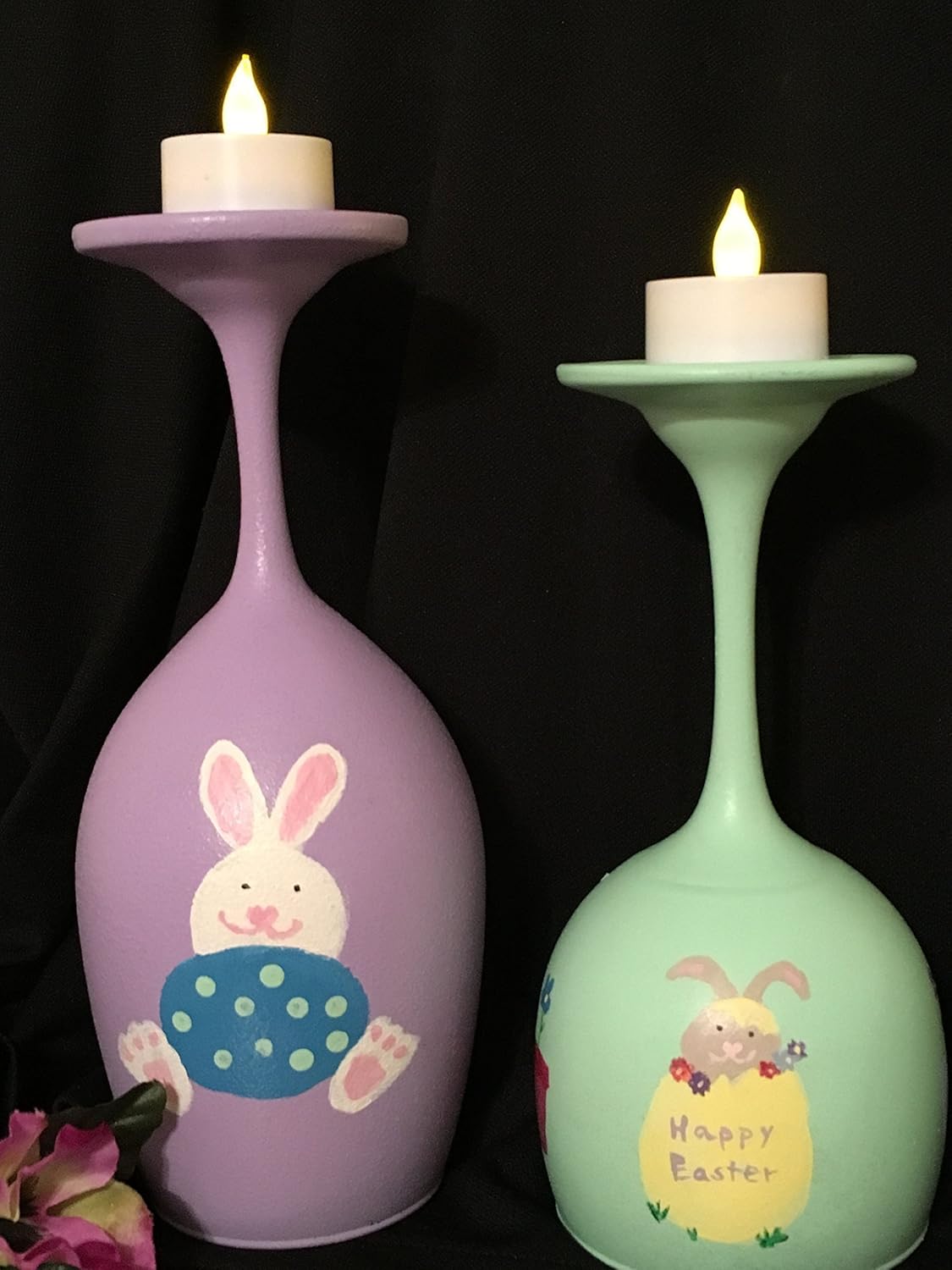 Hand Painted Easter Bunny Candle Holders Set Handmade