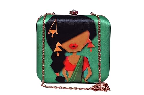 sugarcrush Womens Satin Pretty Saree Diva Hand Box Clutch Purse with Detachable Sling (Green)