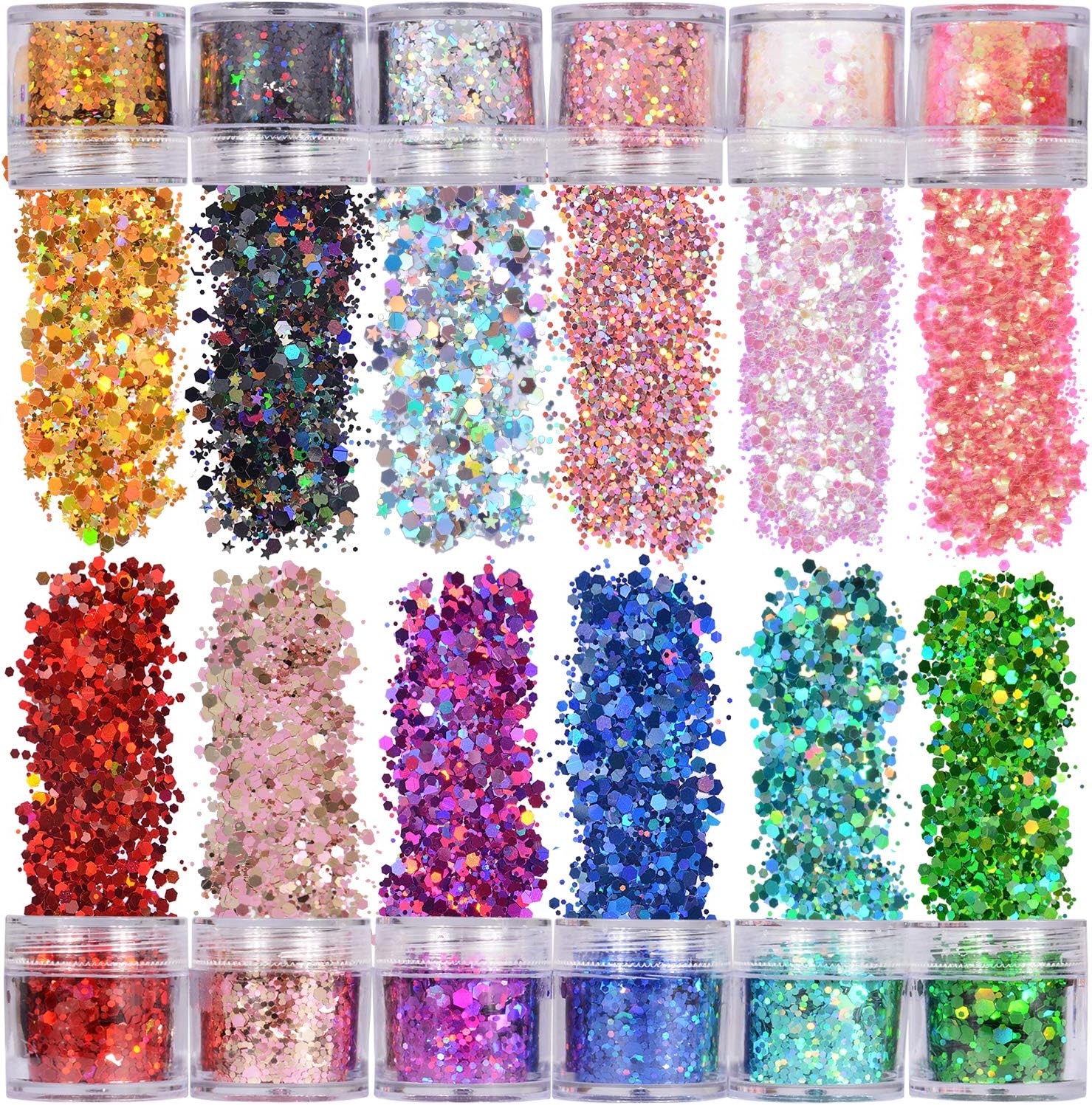 Warmfits Holographic Chunky Glitter 12 Colors Total 120g Face Body Eye Hair Nail Festival Chunky Holographic Glitter Different Size, Stars and Hexagons Shaped (Set A)