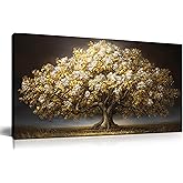 DNIEOTU Tree Wall Art for Living Room, White Flower and Gold Leaves Canvas Wall-Decor for Bedroom, Landscape Picture Prints for Hallway Office, Size 40 x 20 Inches