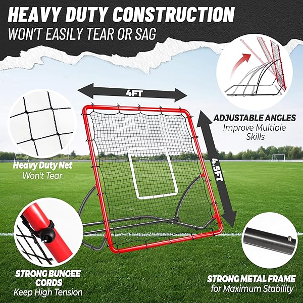 TELURY HEAVY DUTY BASEBALL REBOUNDER NET 4X4.5 FT PITCHBACK WITH 3 ADJUSTABLE ANGLES, BASEBALL AND SOFTBALL BOUNCE BACK NET FOR GROUND, LINE DRIVE, FLY BALL RETURN SETTINGS FIELDING TRAINER (RED)