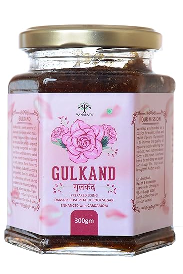 Vanalaya Natural Organic Gulkand Prepared Using Damask Rose Enhanced with Cardamon -300 Grams