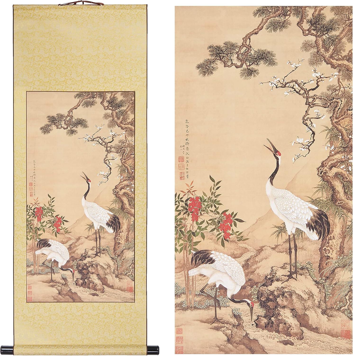 Paintings - Xzhipeng Traditional Asian Wall Scroll Printed Painting Chinese Japanese Crane Pine longevity Symbol Oriental Painting Wall Art Hanging Decoration 43.3x16.5 Inches (C yellow)