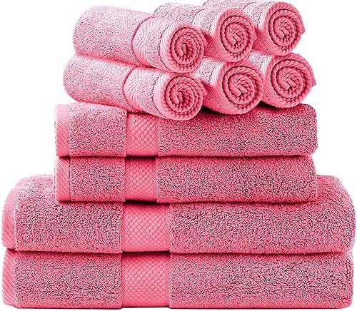 Simpli-Magic Bath Towels Set, 2 Bath Towels, 2 Hand Towels, and 6 Washcloths (10 Piece Set), Ring Spun Cotton Highly Absorbent Towels for Bathroom, Shower Towel (Pink)