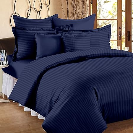 Ahmedabad Cotton Premium 250 TC Sateen Bedsheet with 2 Pillow Covers - Striped, King Size, Navy Blue