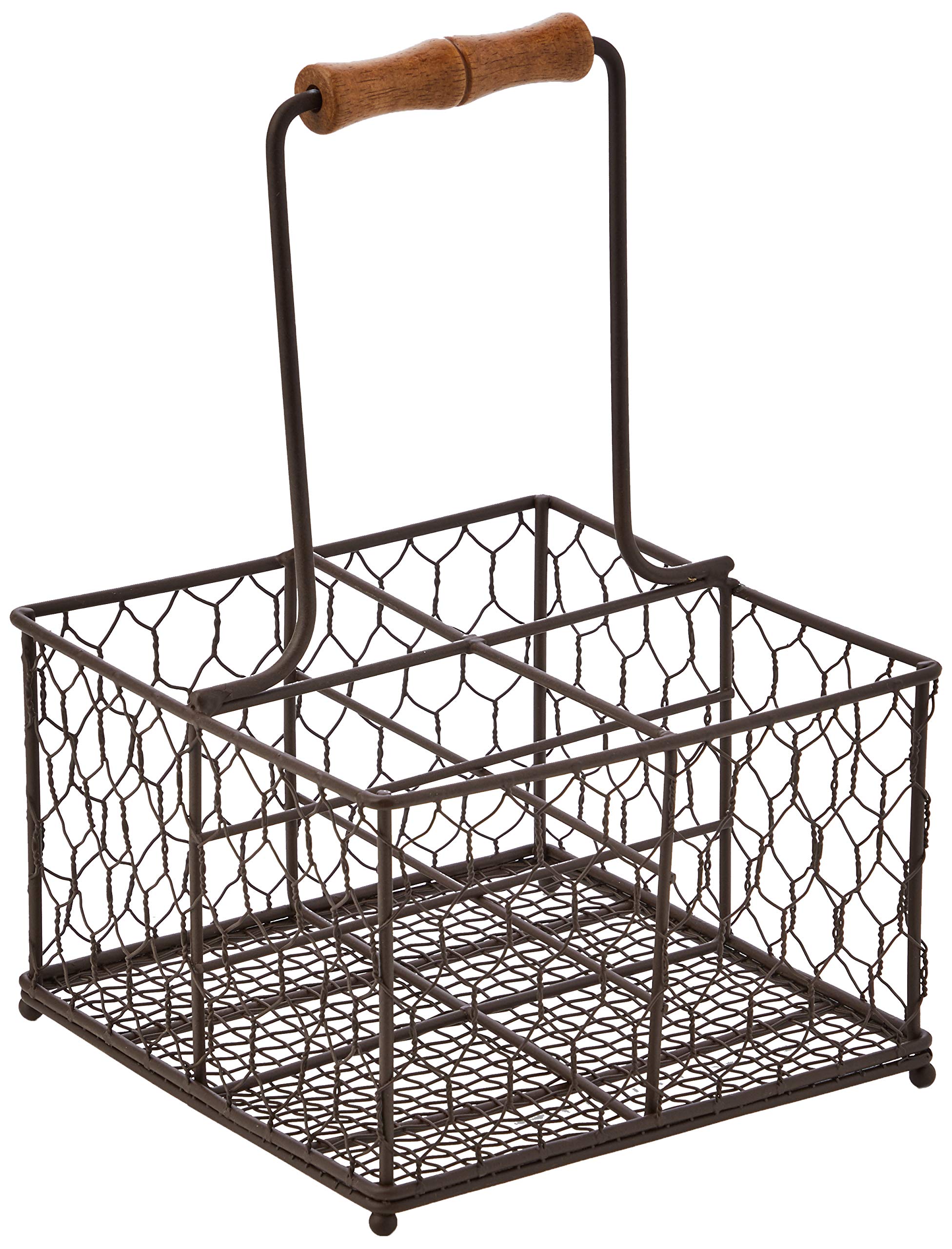 T&G Woodware 23002 Provence Wireware 4-Bottle Holder with Aged Wooden Handle, Rustic Brown, 19.7 x 19.7 x 30 cm, 6