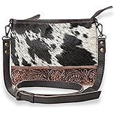 Merbaa Western Cowhide Tooled Leather Small Crossbody Bag Cowgirl Fashion Purse with Adjustable Detachable Shoulder Strap