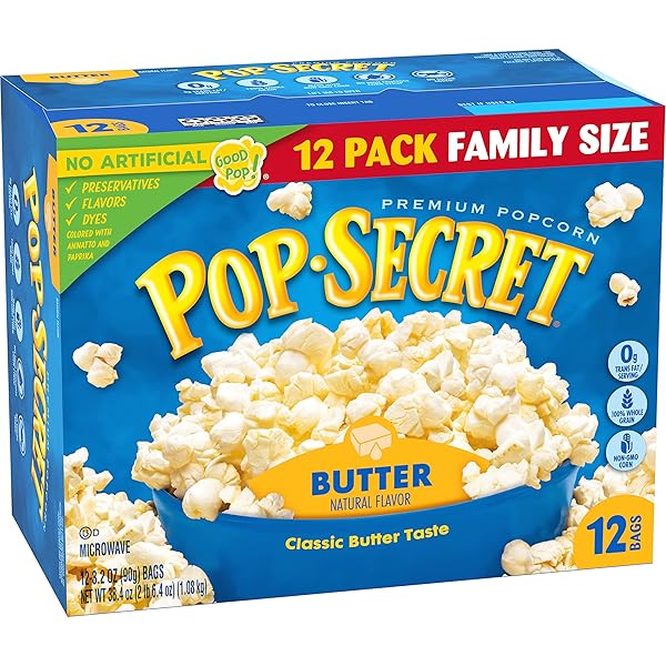POP SECRET BUTTER MICROWAVE POPCORN 12CT (3.2OZ BAGS), 38.4OZ BOX (PACK OF 1)