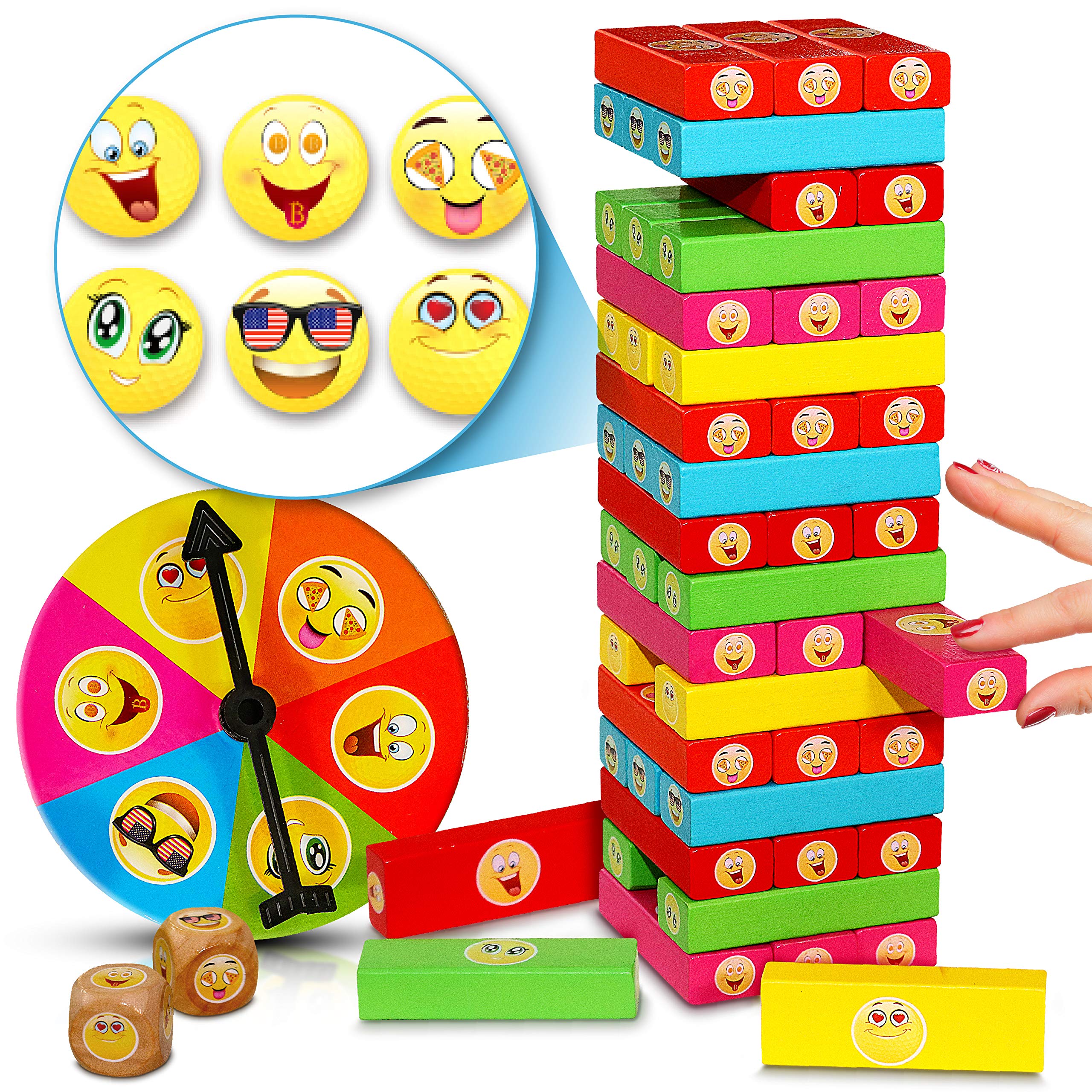 ShooBacK Tumbling Stacking Color Blocks for Kids 51 Pcs Plus Roulette and 2 Dices,Wooden Colored Toppling Stacking Game for Boys and Girls at Age 3 Years Old and up.