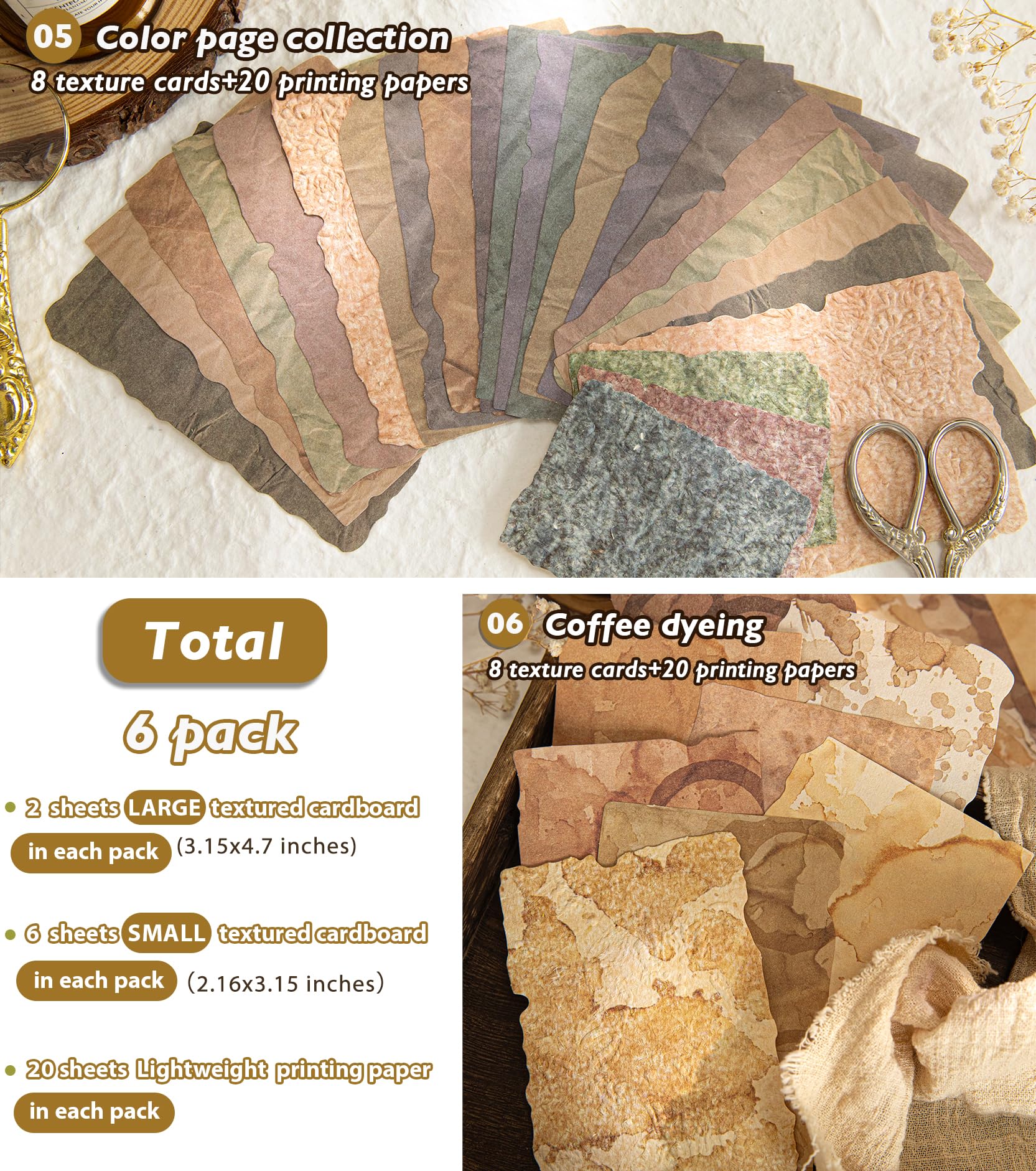 168Pcs Scrapbook Paper - 6 pack Embossed Textured&Printed Rice Paper Craft Assorted Special Cards Mix for Scrapbooking Junk Journal Journaling Supplies DIY Materials (Textured paper mix)