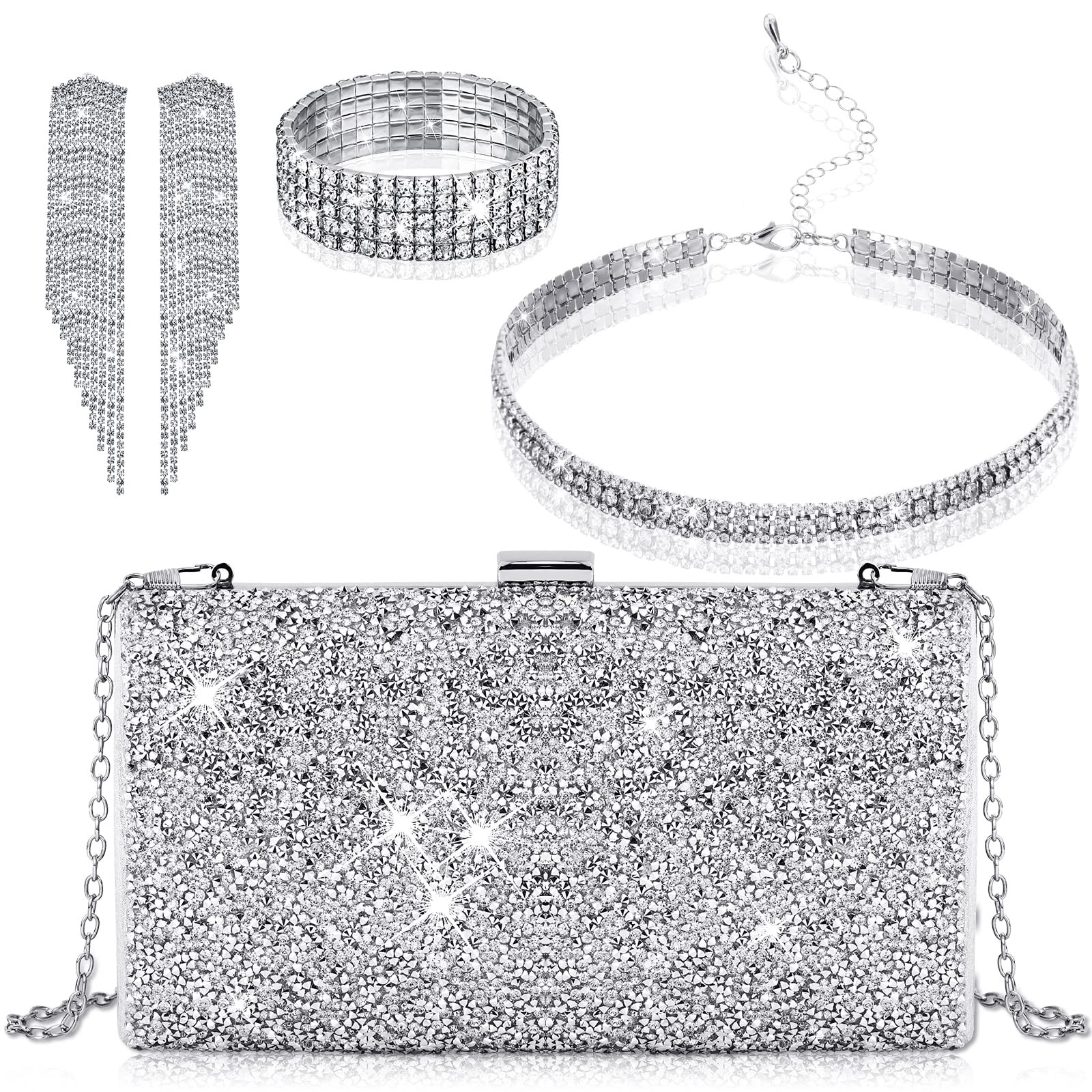 Jadive 4 Pcs Clutch Purses for Women Evening Bags Formal Rhinestone Clutch Purses Bracelet Glitter Bag Handbag Choker for Women Wedding Bridal Wedding Party Festival Gift