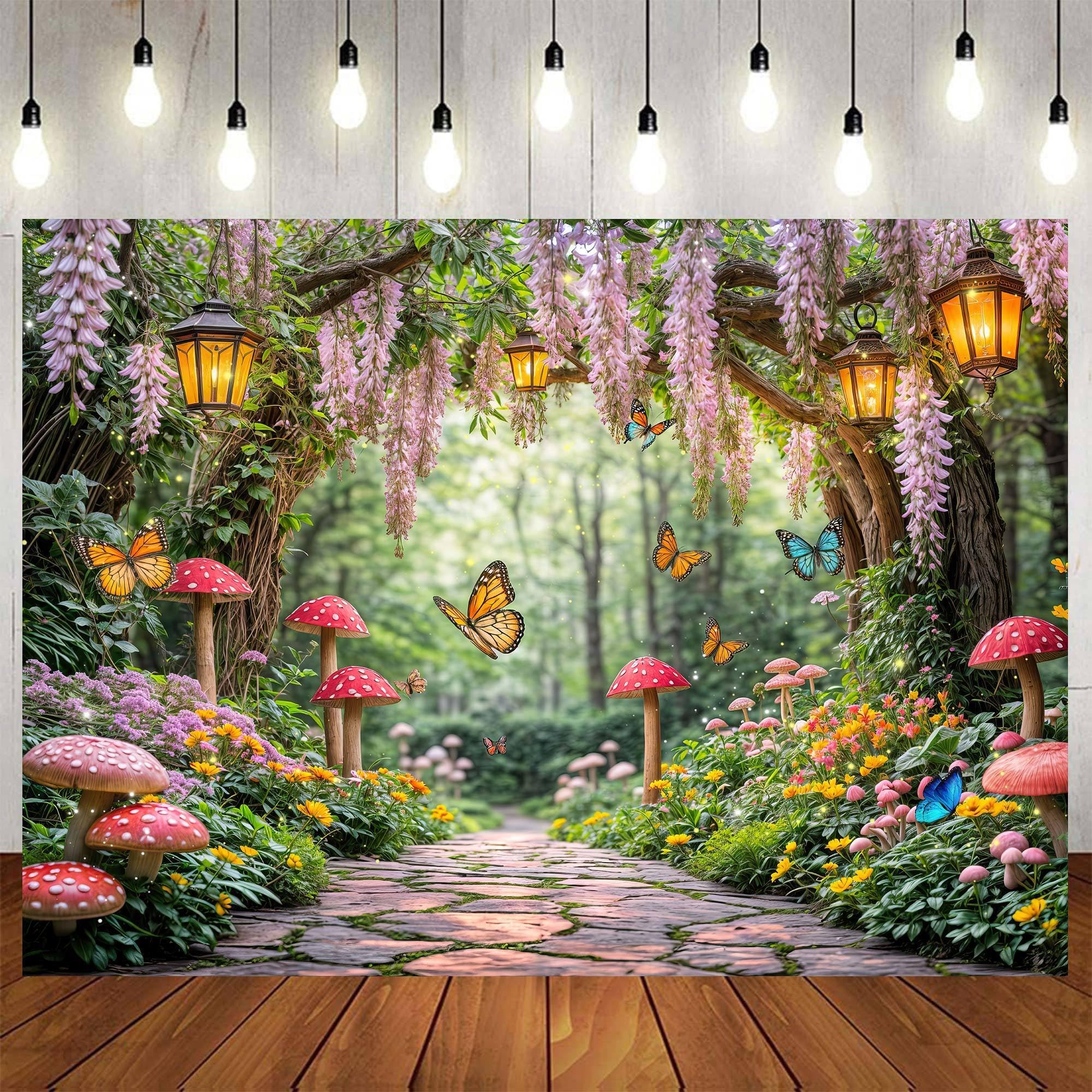 Photo 1 of 10X8ft Spring Enchanted Forest Backdrop, Fairy Tale Wonderland Garden Flower Backdrops for Photograph, Mushroom Butterfly Woodland Tea Party Decorations Photo Background Booth Studio Props