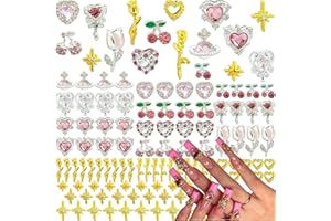 BHCCXZ 104PCS Silver Nail Charms and Gems,Heart,Cherry,Flower,Planet,Gold Rose,Starburst Charms for Nails Design,3D Alloy Y2k Nail Jewels Bulk Nail Art Decor Set