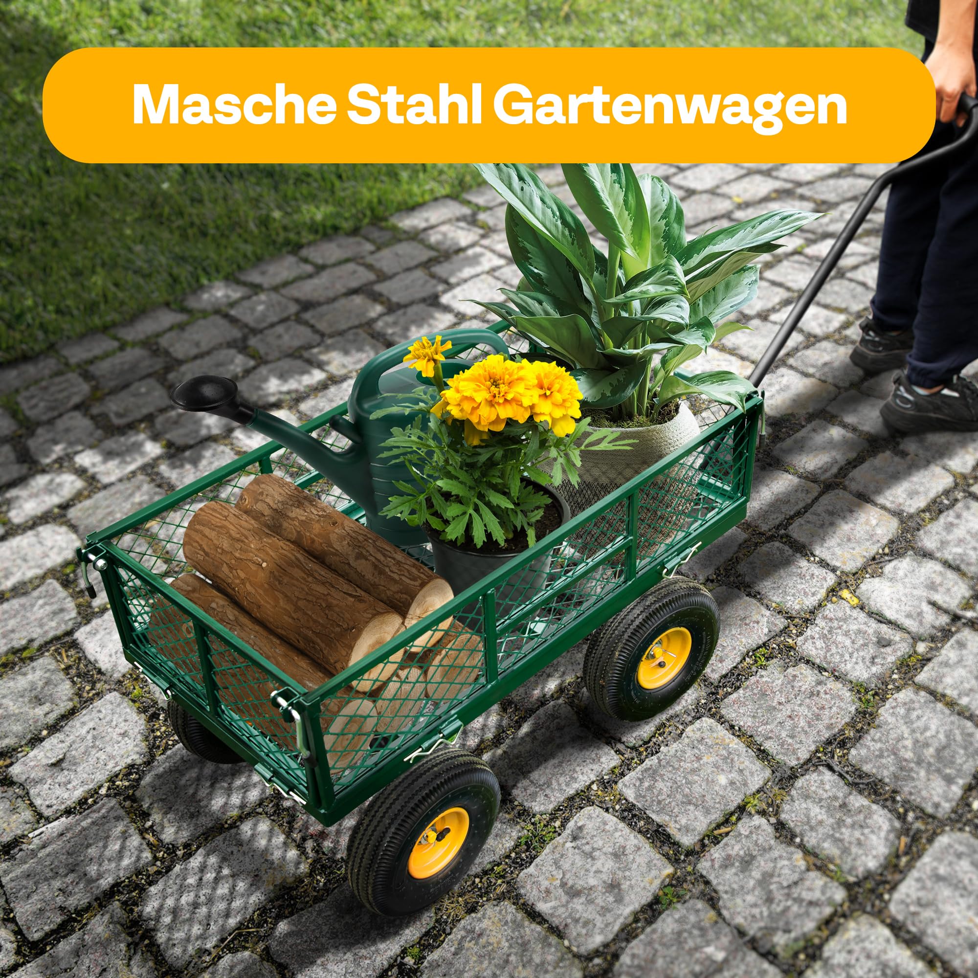 VIVOHOME Gartenwagen mit Abnehmbaren Seiten und Luftreifen, Belastbarer Transportwagen bis 400kg mit 180° Drehbarem Griff für Garten und Outdoor Einsätze 2