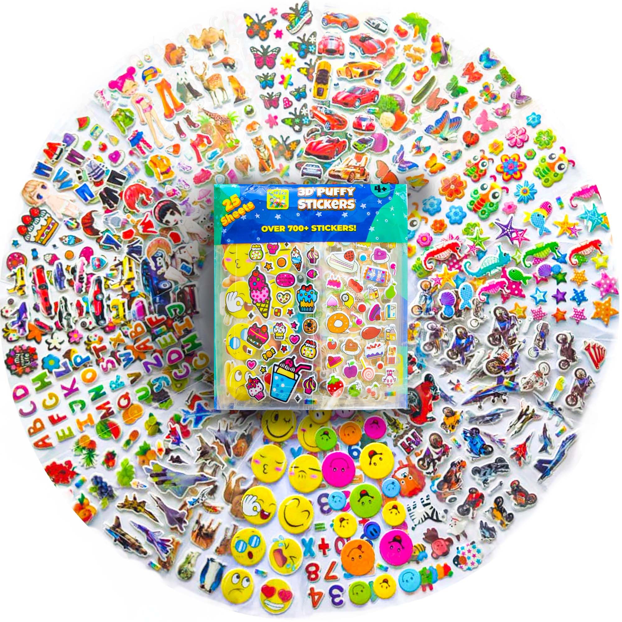 3D Puffy Stickers for Kids & Toddlers, 700+ Stickers Variety Pack with 25 Sheets, Waterproof Foam Stickers for Scrapbooking, Bullet Journal, Learning Activities, Animals, Numbers, Cars & More